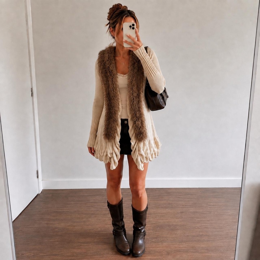 Venus Cream Knit Cardigan Faux Fur Trim‎ Women M Boho Whimsygoth Mob Wife
